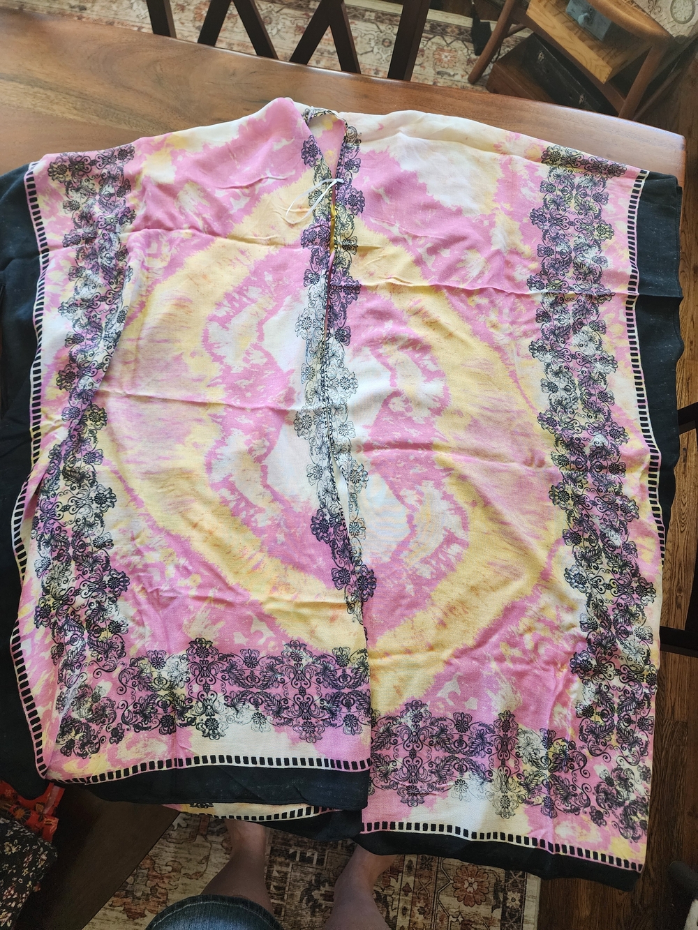 Lightweight Pink Tie-Dye Scarf Shirt with Black Lace Border